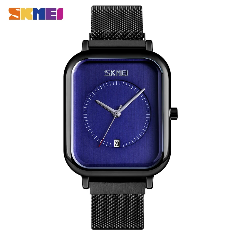 SKMEI простые женские кварцевые часы повседневные женские деловые часы со стальным ремешком водонепроницаемые женские наручные часы Montre Femme 9207 - Цвет: Black blue