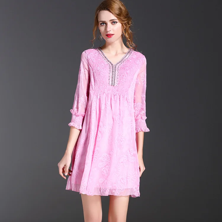 

Origional Europe And America WOMEN'S Dress 2020 Summer New Style Brand Mid-length Slim Fit V-neck Beads Top Grade Dress Women's