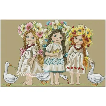 

Three girls wearing flowers patterns Counted Cross Stitch 11CT 14CT DIY Cross Stitch Kits Embroidery Needlework Sets home decor