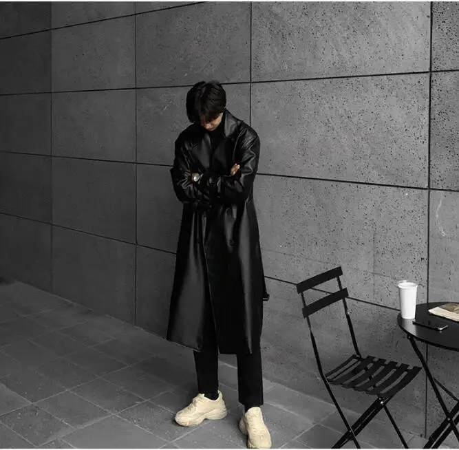 S-XL! Ретро мода Мужская дикая кожа Красивый Ветровка куртка Панк Личность длинный двубортный черный кожаный пиджак мужской