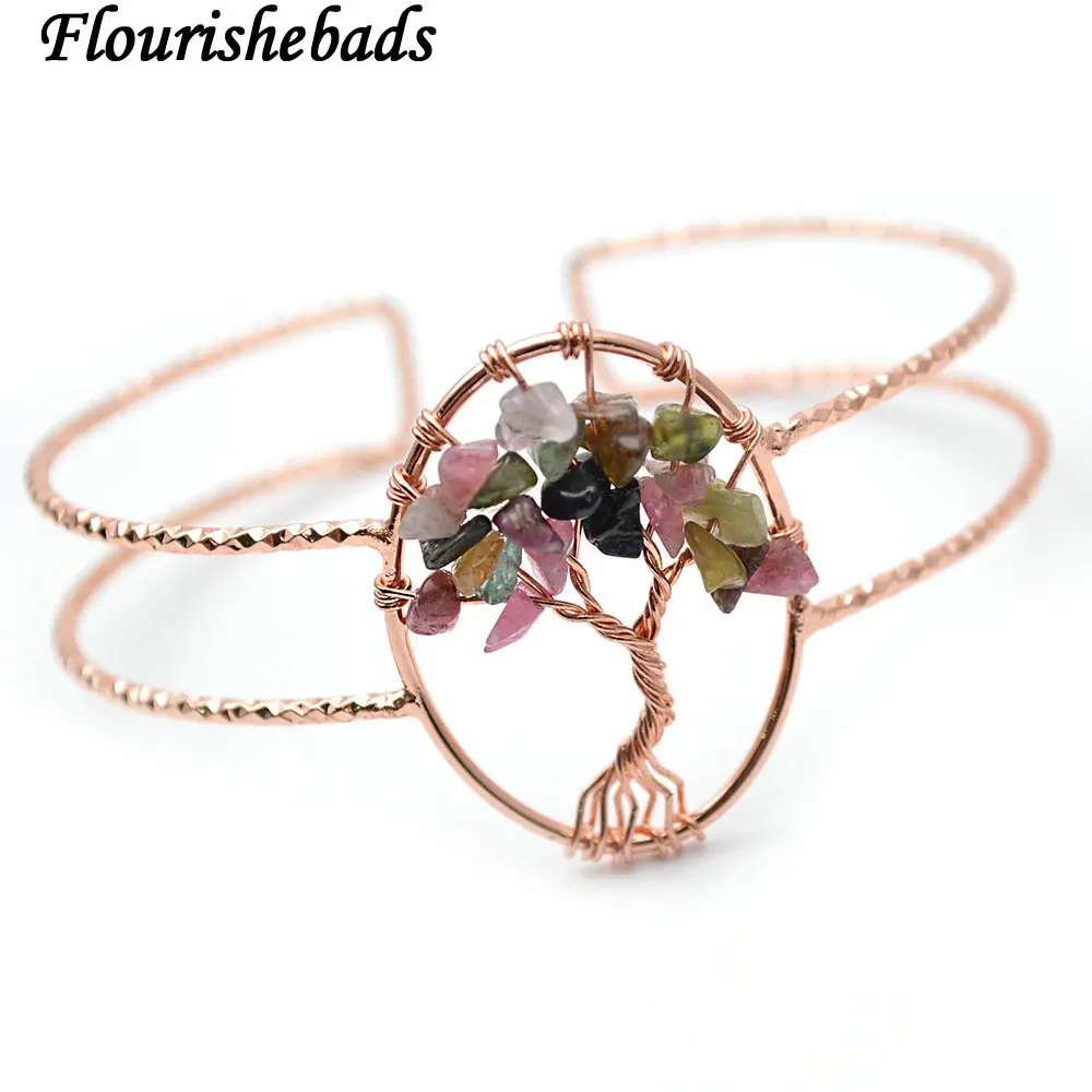 Tourmaline Натуральный женский гранат браслет драгоценный камень чипсы бусины проволока обернутая ЖИЗНЬ Дерево Шарм манжета браслет модные ювелирные изделия подарок - Цвет камня: Tourmaline