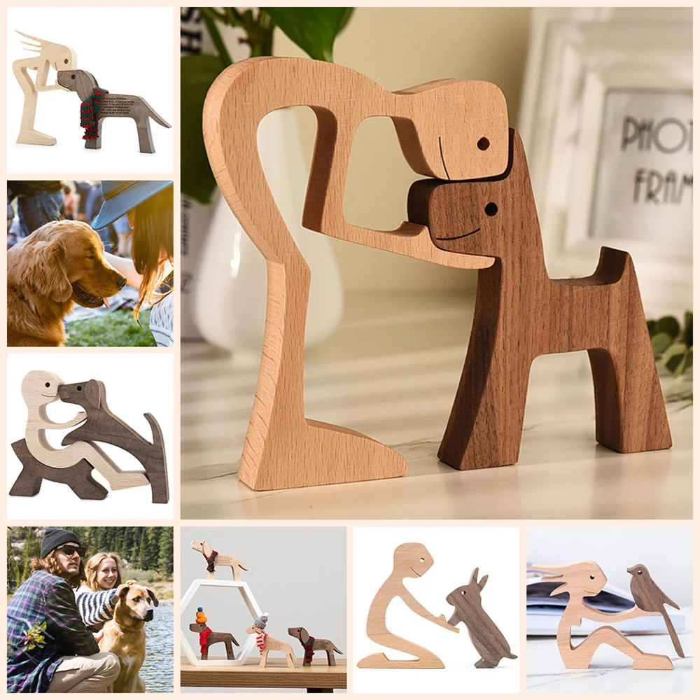 Familia encantadora madera ornamentos de perritos hogar Decoración estatuilla escritorio adorno de mesa esculturas amantes de los perros regalo ecoracion del hogar