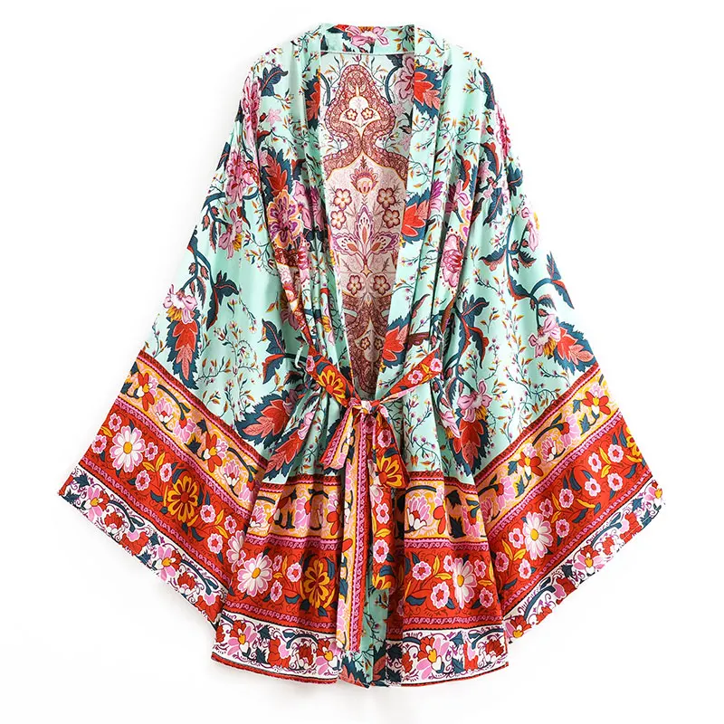 Kimono bohemio Vintage con estampado Floral de pavo real para mujer, Kimono corto con mangas de murciélago y cuello de pico