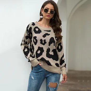 

Women Clothes 2019 Autumn and Winter Sweaters Leopard Print Round Neck Loose Ladies Knitwear Pull Femme