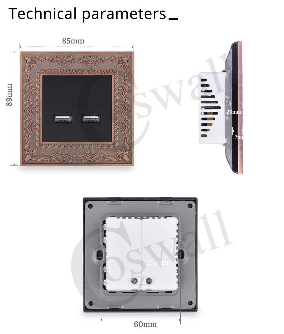 Coswall Vintage Zinc Alloy Panel Wall Socket Dual USB Smart Induction Charging Port For Mobile 2.1A Output With LED Indicator
