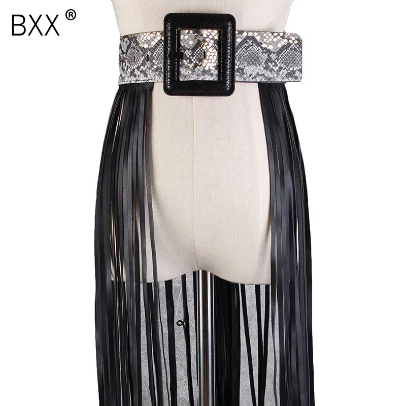 

[BXX] 2019 Spring Summer Personality Woman New Black Color Spliced Long Tassle Square Buckle Waistbelt All Match LI658