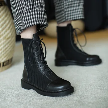 

Royesic Genuine Cow Leather Martin boots women's platform ankle boots British style zipper round toe flat ankle boots women