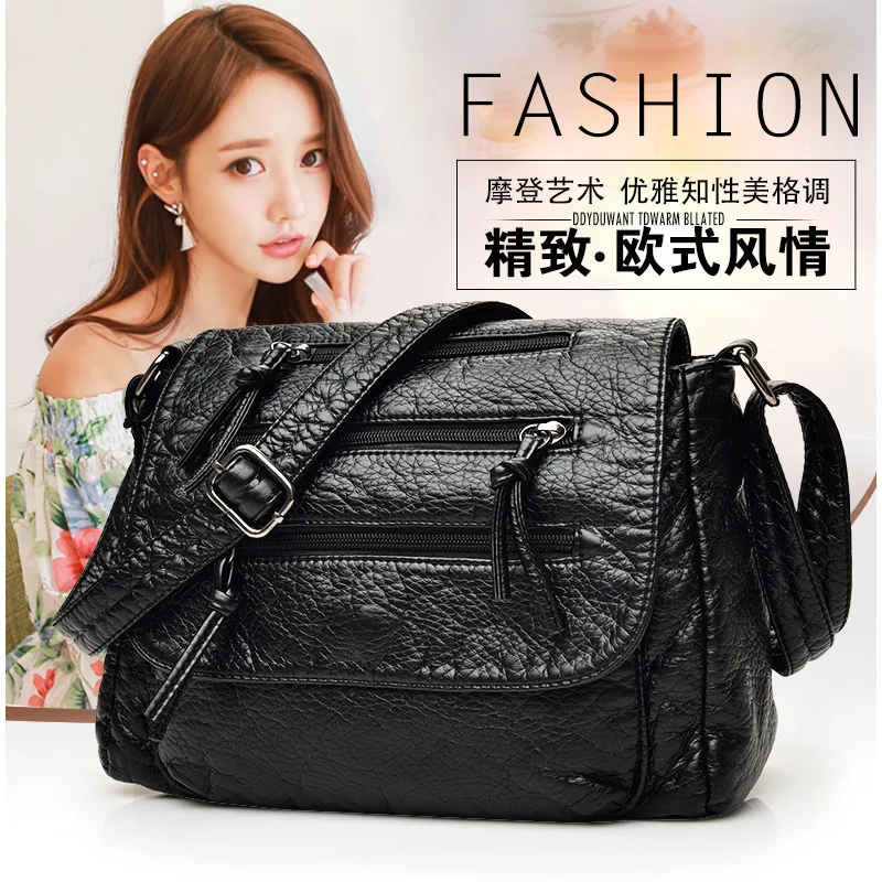 

2019 New Style WOMEN'S Fashion Handbag Washed Leather Shoulder Square Sling Bag Travel Casual Shoulder Makeup Bag WOMEN'S Bag