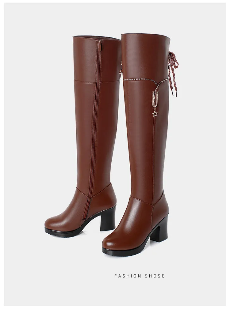 AIYUQI Womens Boots Thigh High Genuine Leather Rhinestone Platform High Heel Black Boots Women Winter Riding Boots