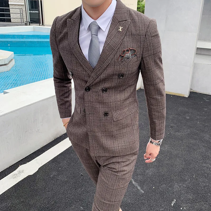 Мужской s Slim Fit двубортный костюм черный серый 3 шт смокинг джентльмена свадебный костюм для жениха деловые костюмы для мужчин Q871