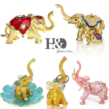 

H&D Bejeweled Enameled Elephant Figurine Trinket Boxes Jewelry Box Hinged Collectible Ring Holder Christmas Lady Gift 7 styles