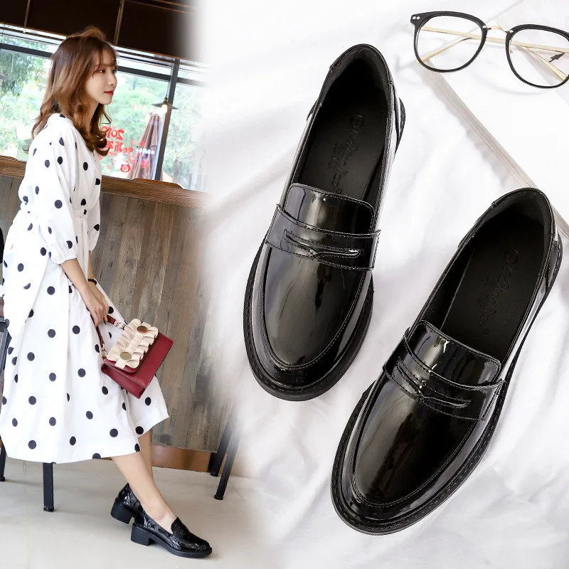

Small Leather Shoes Women's 2019 Spring Versatile Slip-on Semi-high Heeled Extra High Shoes Soft Leather British Style WOMEN'S S