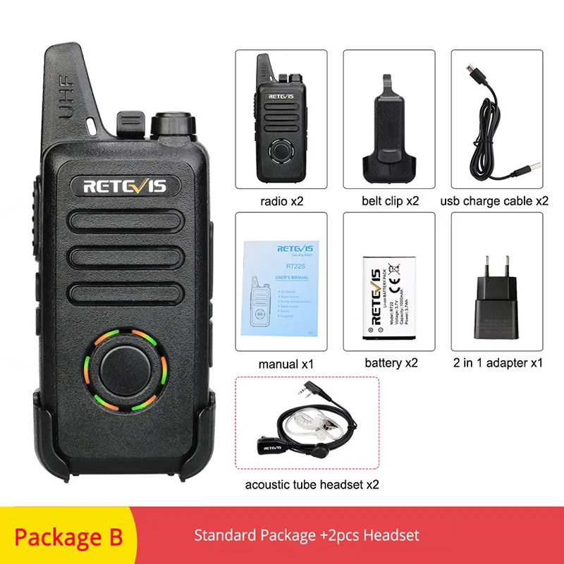 Package B 2 шт. RETEVIS RT22S Handsfree Walkie Talkie RT22 обновление VOX скрытый дисплей двухстороннее радио приемопередатчик рация - Цвет: Package B