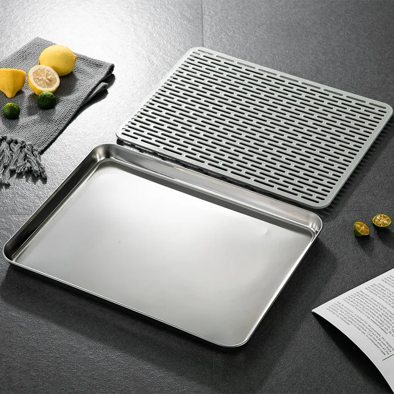 Tea Tray 304 Stainless Steel Chinese Tea Tray Rectangle Hollow Drain Board Barbecue Filter Oil Plate Cup Food Storage Pan Ceremony Tools