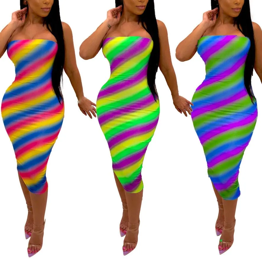 

Fashion Nice Sexy Women Summer Bandage Rainbow Striped Dress Strapless Bodycon Dress Evening Party Sexy Dress