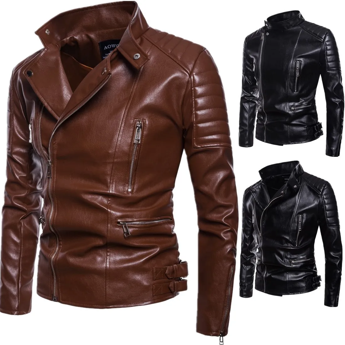 

2018 Autumn-New MEN'S WEAR Carrie Locomotive Leather Coat Fold-down Collar Leather Coat Large Size Leather Jacket Coat Fashion