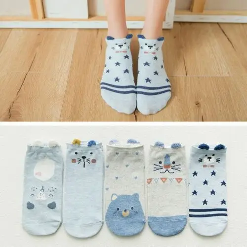 5 пар/лот = 10 шт., новые женские хлопковые носки, розовые короткие женские носки с милым котиком, повседневные носки с ушками животных и красными сердечками, носки для девочек 35-40 - Цвет: Tianlanmaomi T