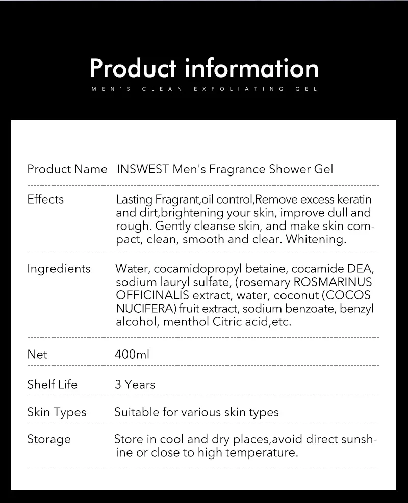 400ml Men's Fragrance Shower Gel Deep Cleansing Whitening Body Shower Gel Bath Foam Lasting Fragrant Moisturizing Body Care