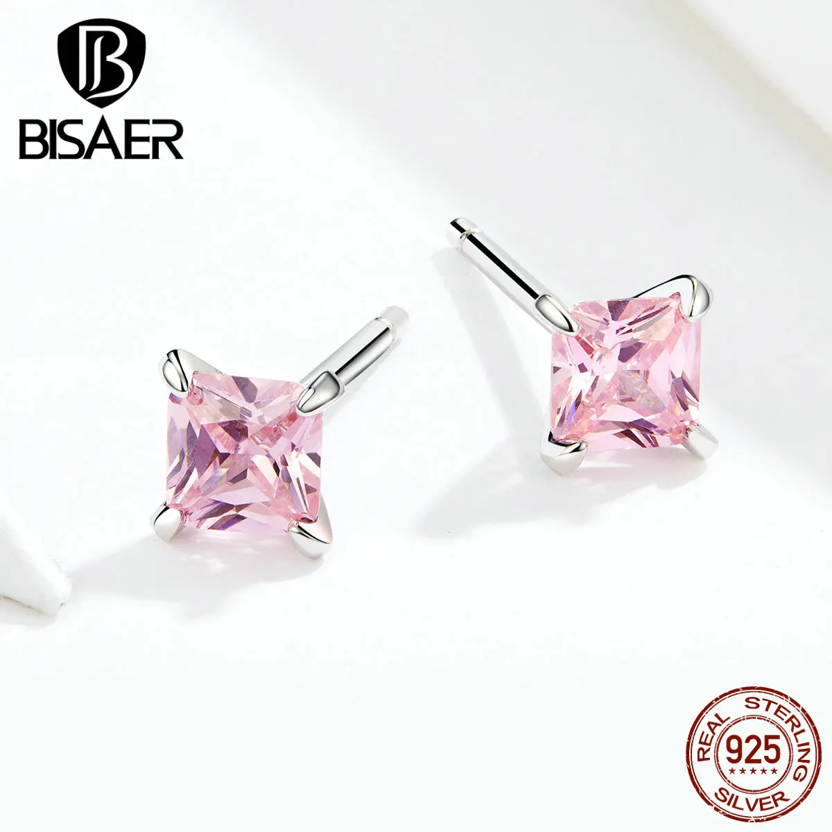 Pink Zircon Earrings BISAER 925 Sterling Silver Princess Square Cubic Zircon Stud Earrings for Women Wedding Fine Jewelry ECE660
