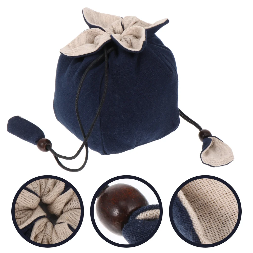 Portable Cotton Linen Teapot Bag Tea Set Storage Bag Travel Pouch Teaware Kitchen Dining Bar Accessories Wooden Beads Simple
