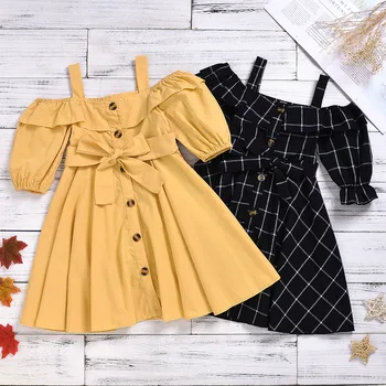 

WLG Girls Fashion Dresses Kids Summer Strap Short Sleeve Bow Yellow Black Dress Baby Girl All Match Clothes for 2-6 Years