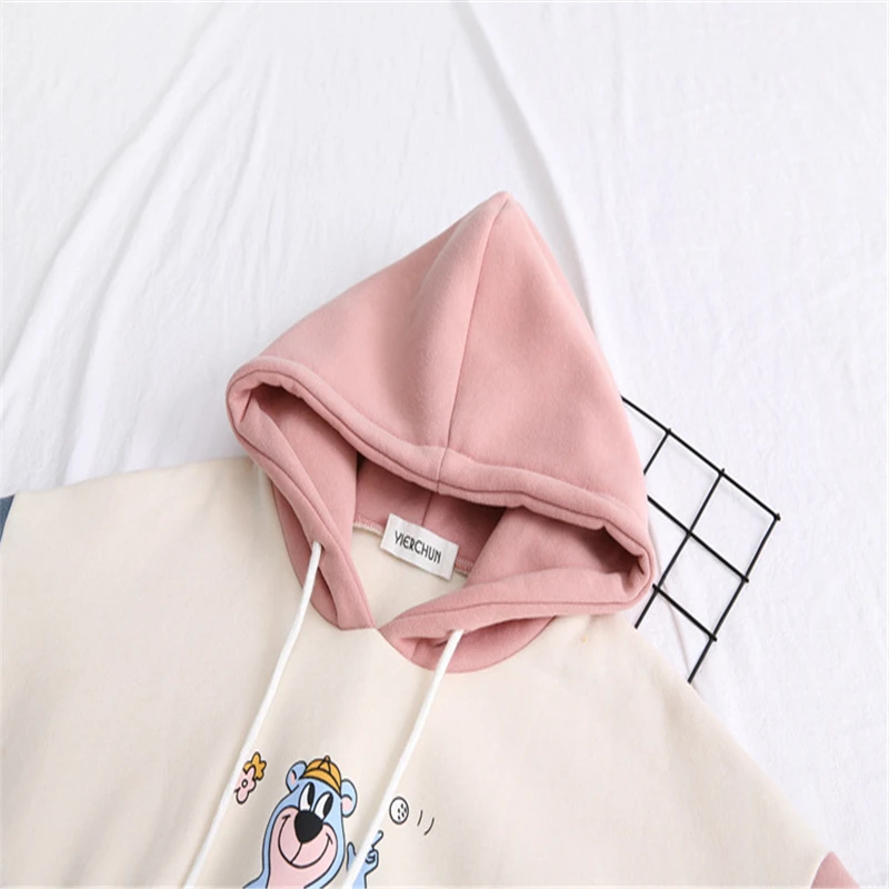 MERRY PRETTY женские толстовки с капюшоном мультфильм печати лоскутное толстовки зима плюс бархат шнурок пуловер Свободный спортивный костюм