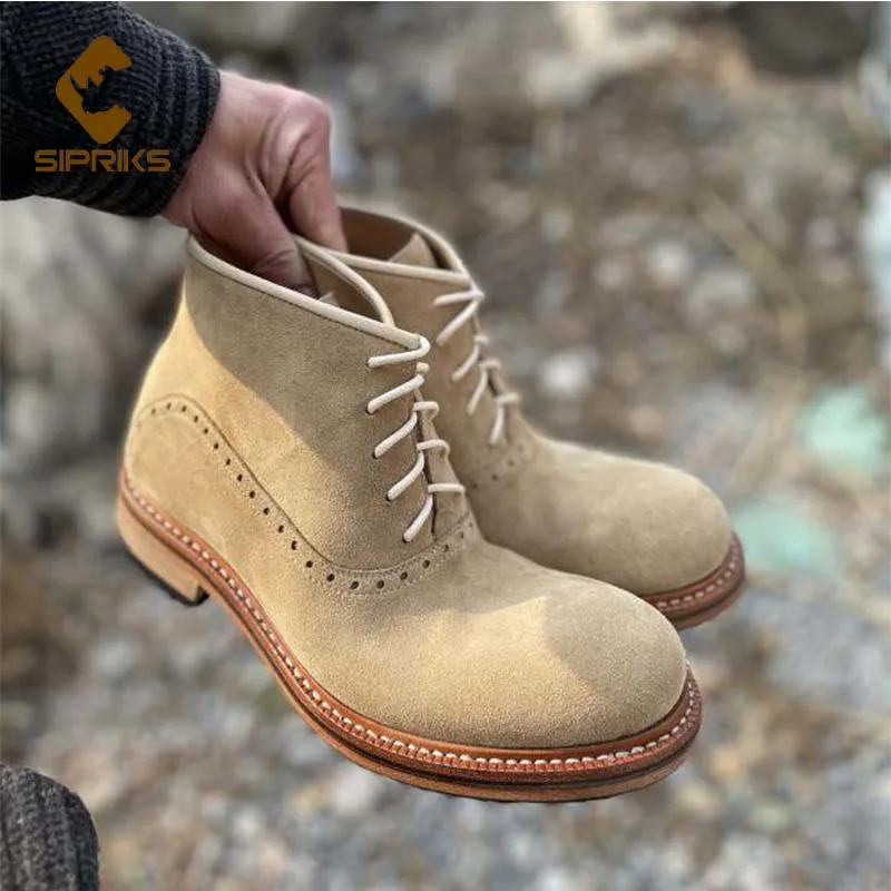 

SIPRIKS Mens Goodyear Welted Boots Italian Handmade Suede Leather Ankle Boots Male Cowboy Retro Round Toe Oxfords Shoes Lace Up