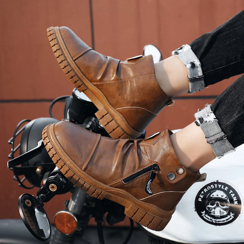 

New Men Fashion Business Casual Dress Shoes Handmade Brown Suede Stitching PU Hollow Woven Buckle Side Zipper Ankle Boots KS366