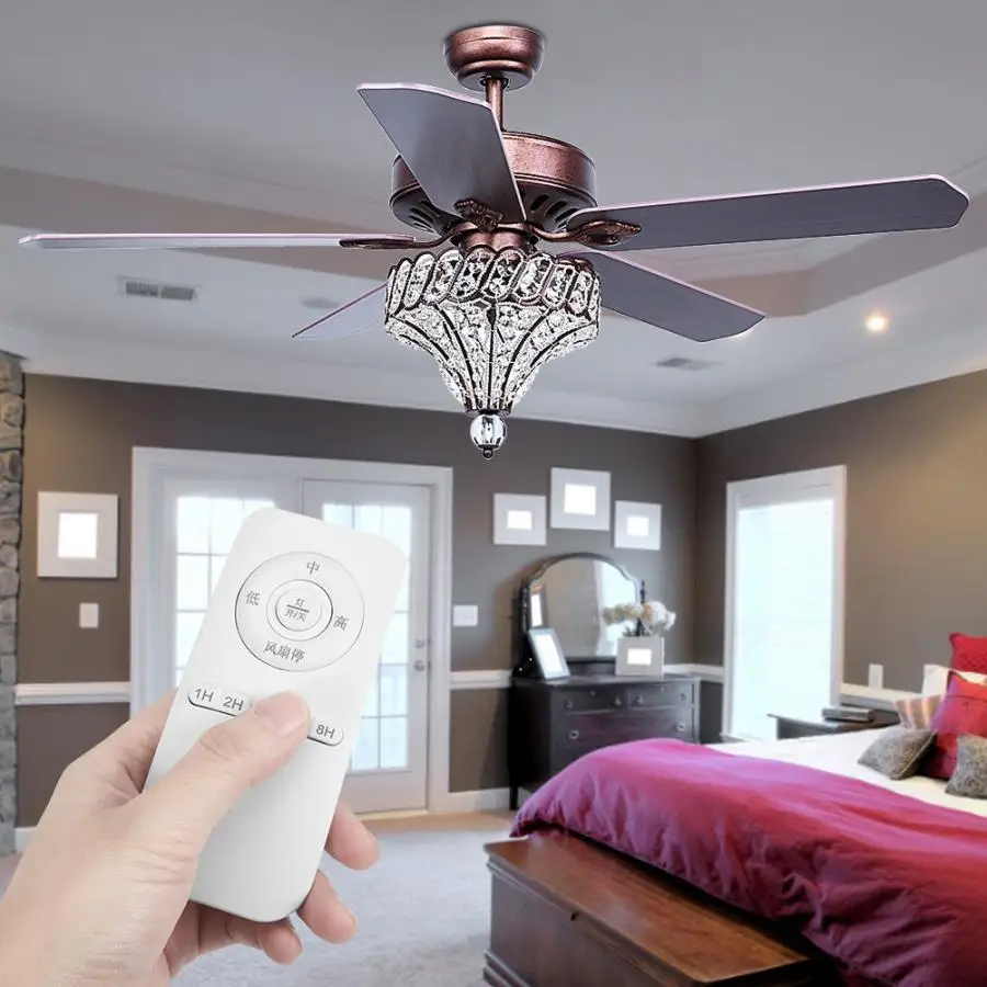 

AC 220V 52Inch LED Ceiling Fan Crystal Lamp 5 Blade With Remote Control Dining Living Room