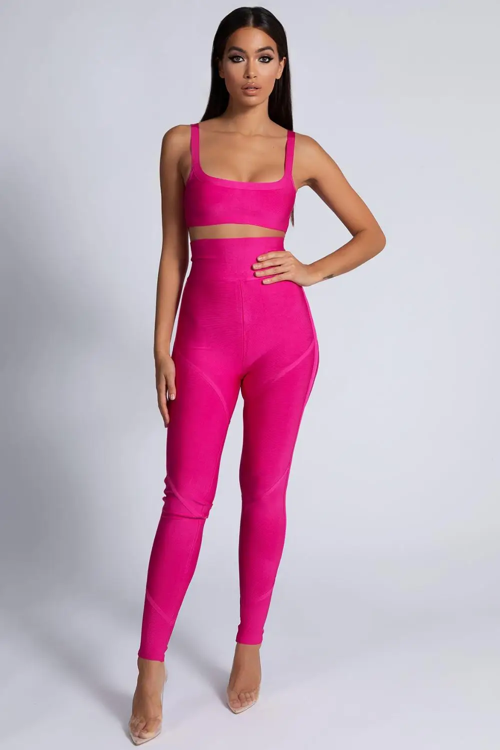 2019 New Pink Khaki Bodycon Bandage Jumpsuit Sleeveless Summer Party Two Piece Set Jumpsuits Outfit Casual Clothing Dropshipping