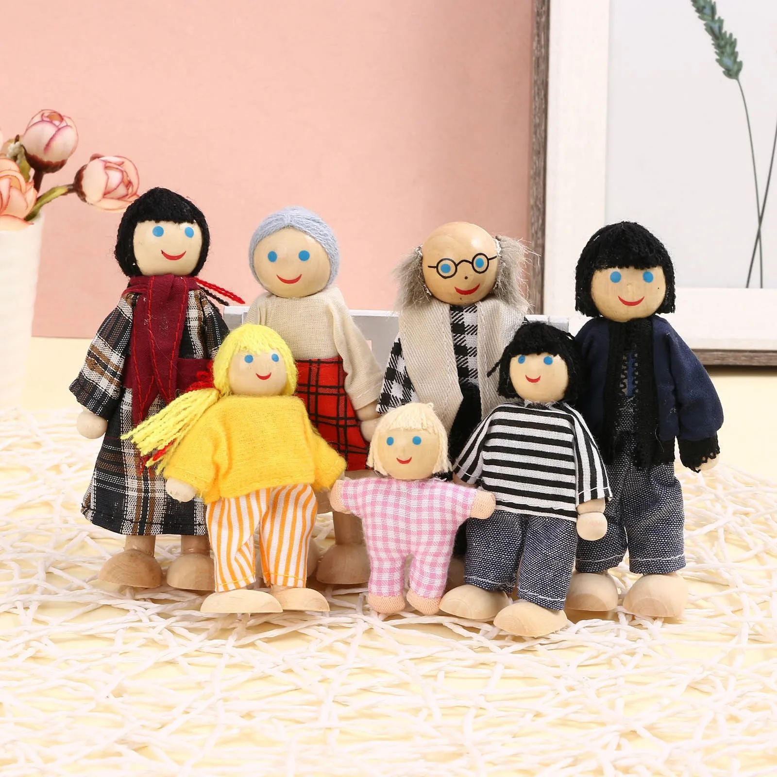 Muñeca articulada de madera para niños, casa de muñecas en miniatura, 7 personas, juguete para chico, zabawki, dla, dzievi, 2021