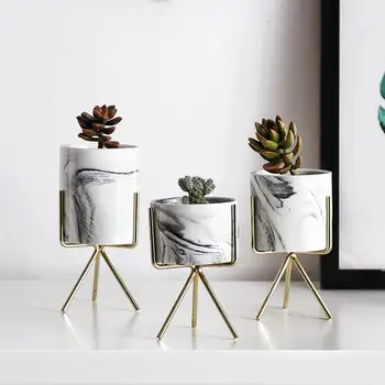 

Landscape Ceramics Iron Display Vases Marble Pattern Flower Plants Golden Art Container Planter Home Decor for Flower Pots