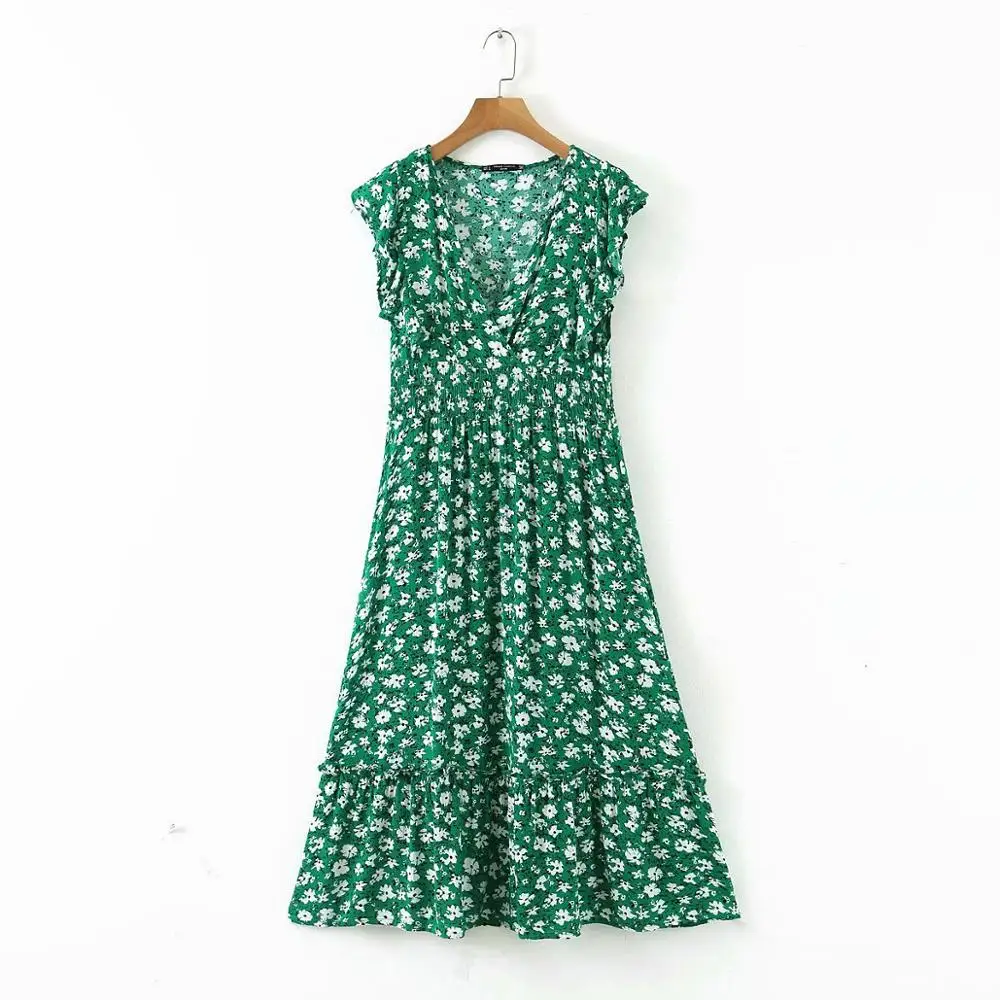 New 2020 women v neck flower print ruffles green midi dress elegant shrink fold design vestidos chic brand party dresses DS3576 New 2020 women v neck flower print ruffles green midi dress elegant shrink fold design vestidos chic brand party dresses DS3576