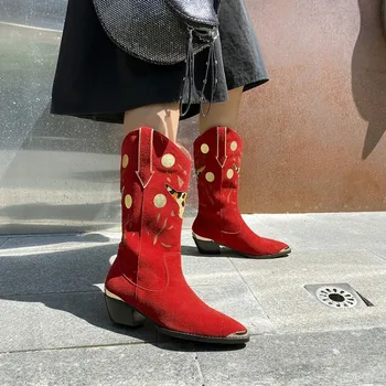 

Womens Pointy Toe Leopard Mixed Colors Mid Calf Boots Chunky Heel Western Chelsea Lisa Same Style Cowboy Shoes New 2020 Black