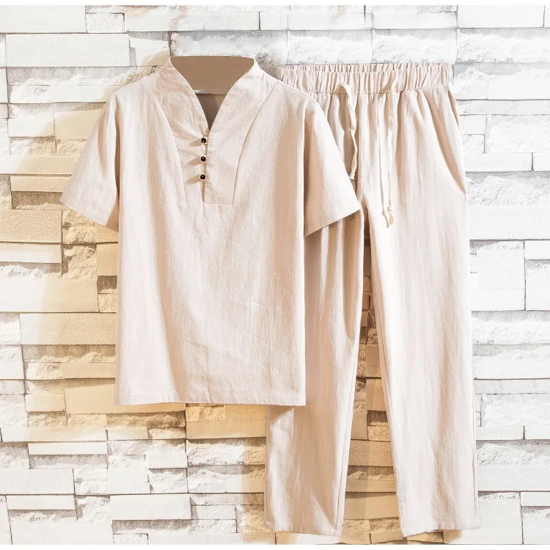 

HEFLASHOR Mens Fashion Summer Chinese Style Cotton Linen Solid Color Set 2 Pieces Stand Collar Short Sleeves T-shirt+Pants