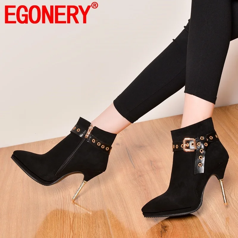 

EGONERY 2019 new fashion office ankle boots outside super high heels platform zip flock pointed toe women shoes drop shipping