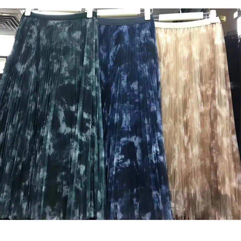 Плиссированные юбки для женщин с принтом Tie Dye, новинка, осенне-зимняя эластичная длинная юбка в сеточку с высокой талией, Harajuku, уличная одежда