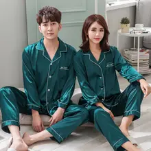 Wholesale Couple Pajamas Sleepwear Nightgown Set Long Sleeve Autumn Silk Home Suit Turn-down Neck Plus Size Couple Sleepwear W1