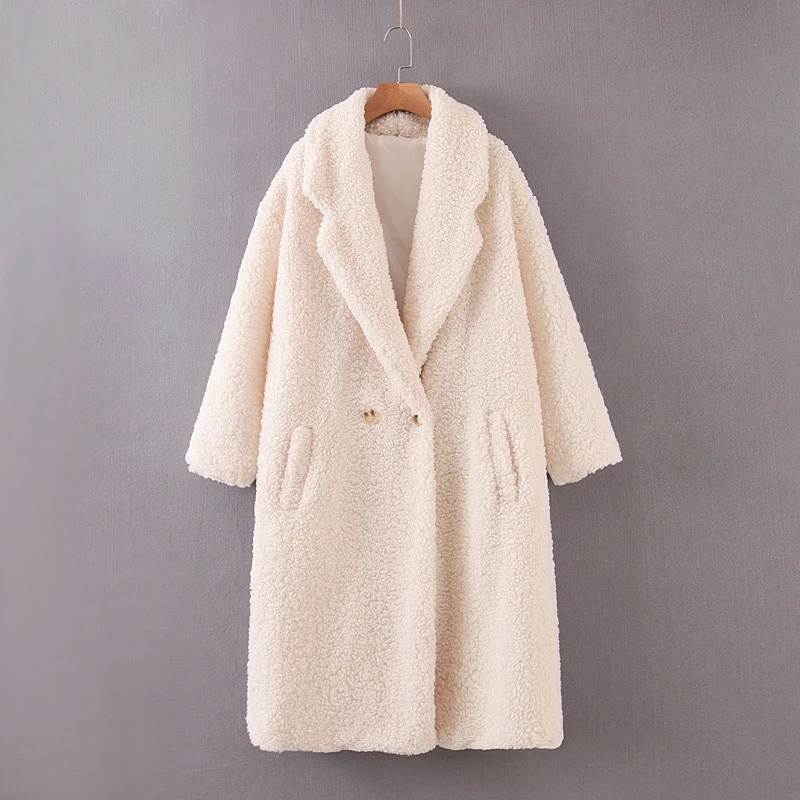 Женское однотонное объемное плюшевое пальто из шерсти и кашемира с лацканами, длинное толстое осенне-зимнее теплое шерстяное пушистое пальто из искусственного меха, Женское пальто - Цвет: white