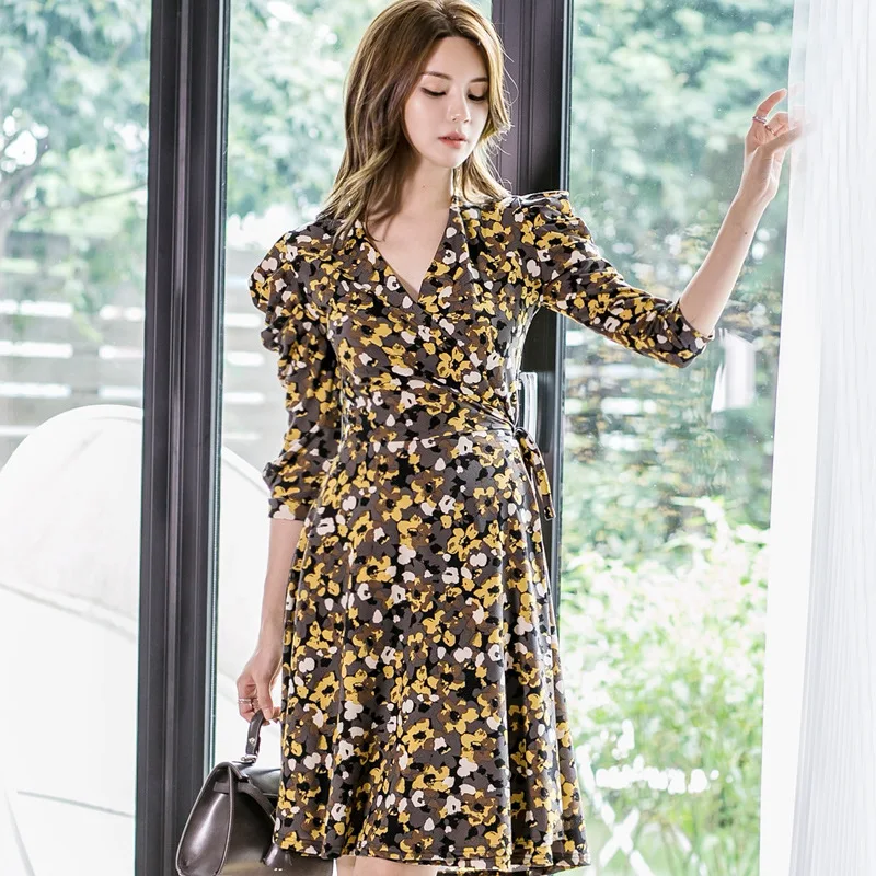 

WOMEN'S Dress 2019 Autumn Clothing New Products Korean-style Elegant V-neck Printed Slimming Lace-up Waist Hugging A- line Dress