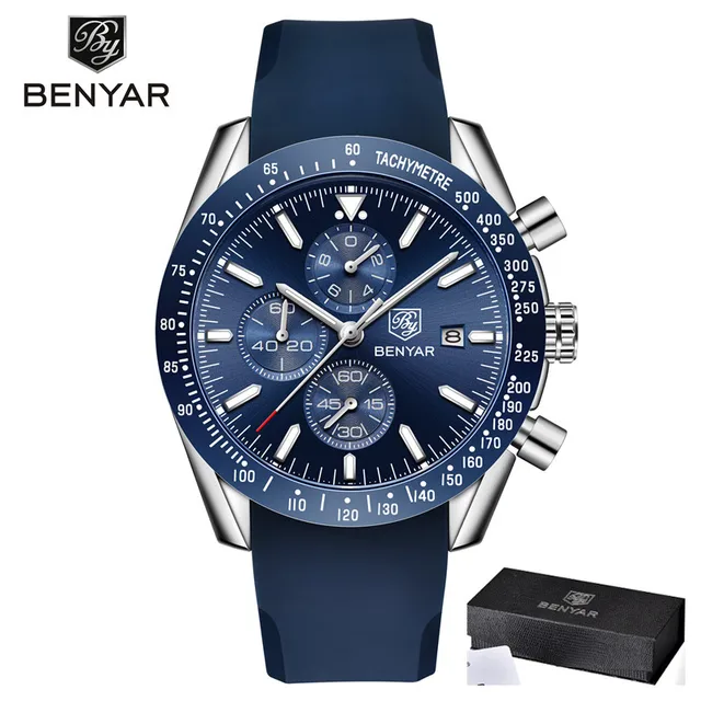 BENYAR New Brand Luxury Silicone Strap Waterproof Sports Quartz Chronograph Watch Classic Casual Men's Clock Relogio Masculino Blue silver