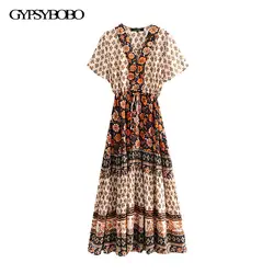 GYPSY Boho Chic Лето Винтаж цветочный принт длинное платье для женщин Мода V образным вырезом шнурок плиссированные пляжные наряды vestidos mujer