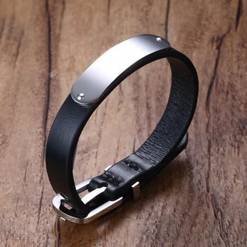 

Vnox Mens Black Genuine Leather Bracelet with Glossy Stainless Steel Tag Casual Male Jewelry
