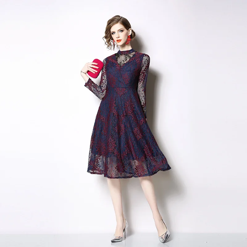 

Very Fairy of Lace Dress Europe And America WOMEN'S Dress Spring And Autumn Large Size Belly Covering French Western Style Mediu