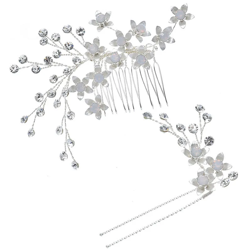 Floralbride Handmade Alloy Opal Crystal Rhinestone Pearls Flower Bridal Hair Comb Pin Set Wedding Hair Accessories Women Jewelry