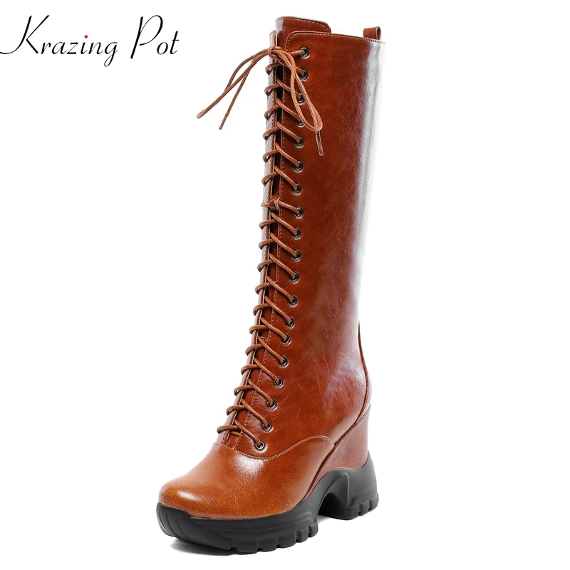 

krazing pot high quality microfiber long boots round toe rock design thick bottom platform boots wedges thigh high boots L3f5