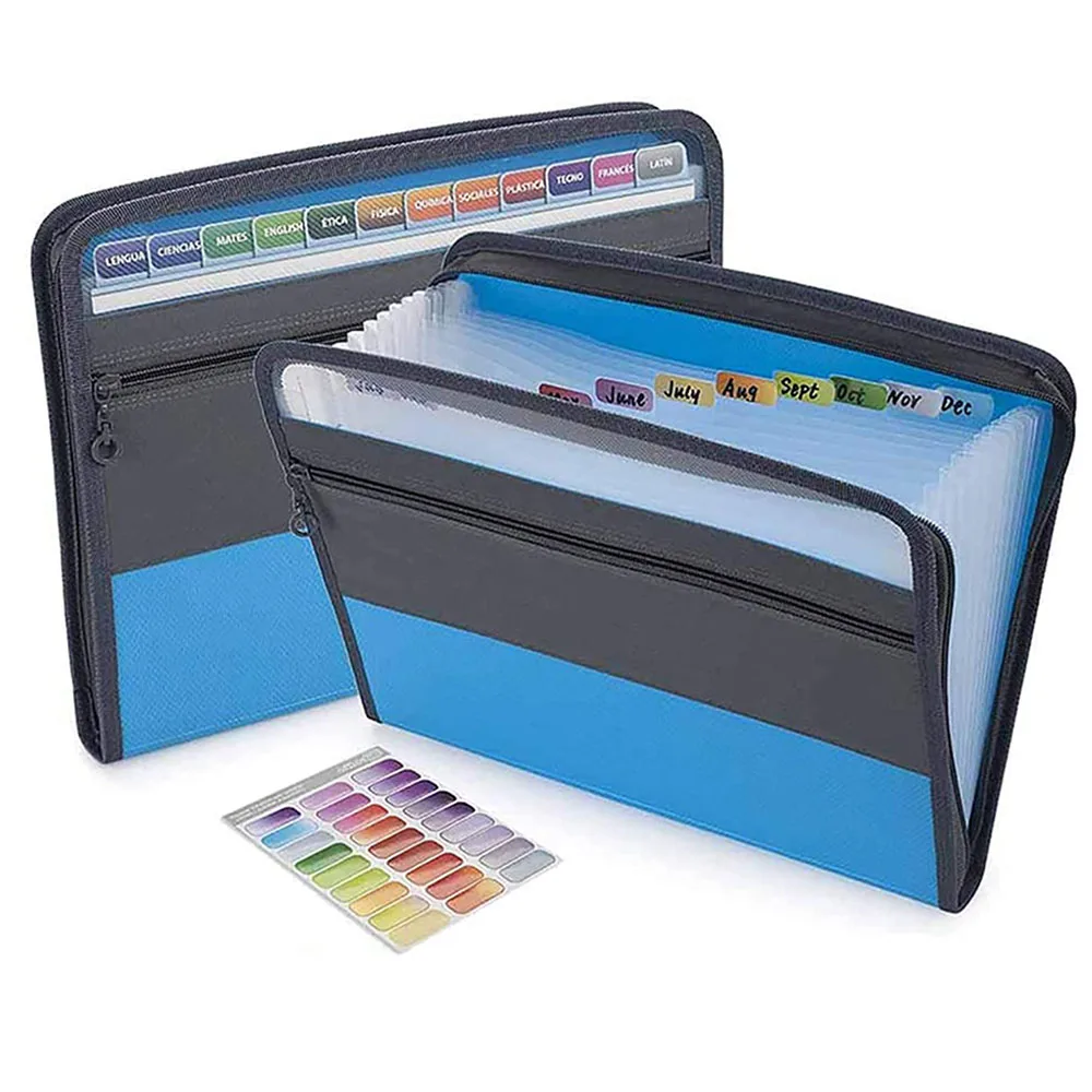 A4 Expanding File Folder with Sticky Labels, 13 Pocket Accordion File Folder Document Organizer Expanding Zipper File Folder