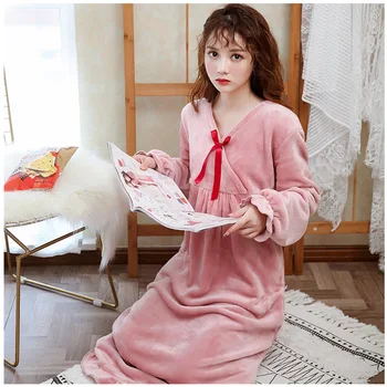 

Ladies Flannel Long Sleeve Nightdress Fall and Winter Loose Coral Fleece Mid-length comfortable and warm One-piece Nightdress