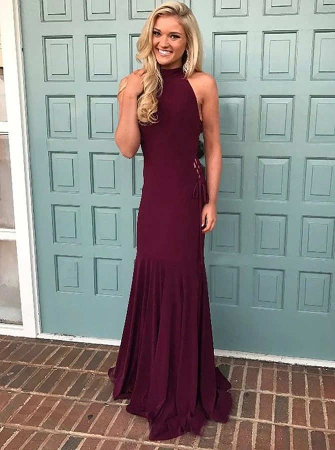 

2020 Sexy Prom Dress Mermaid Jewel Sweep Train Burgundy Satin Lace-Up Sleeveless Prom Dress for Party