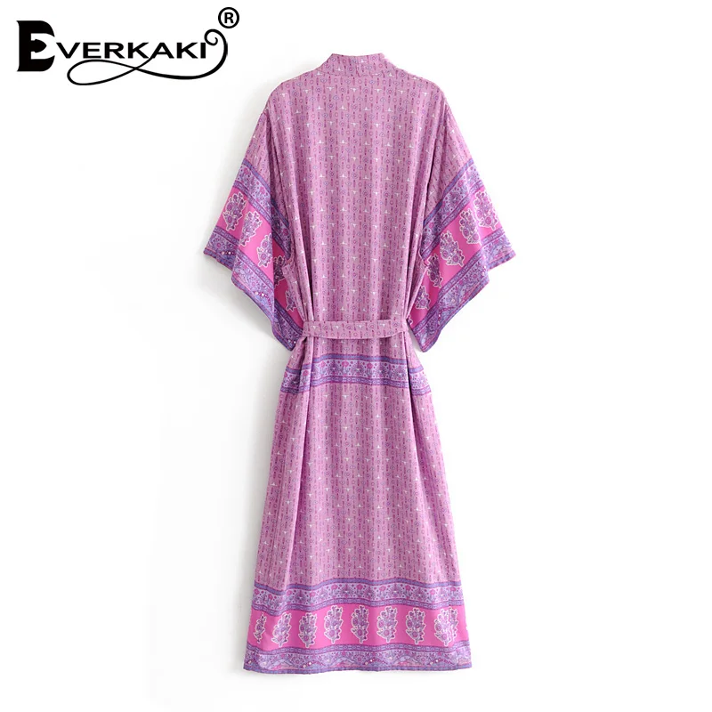 Everkaki Boho пальто кимоно женское с поясом осеннее длинное цветочным принтом